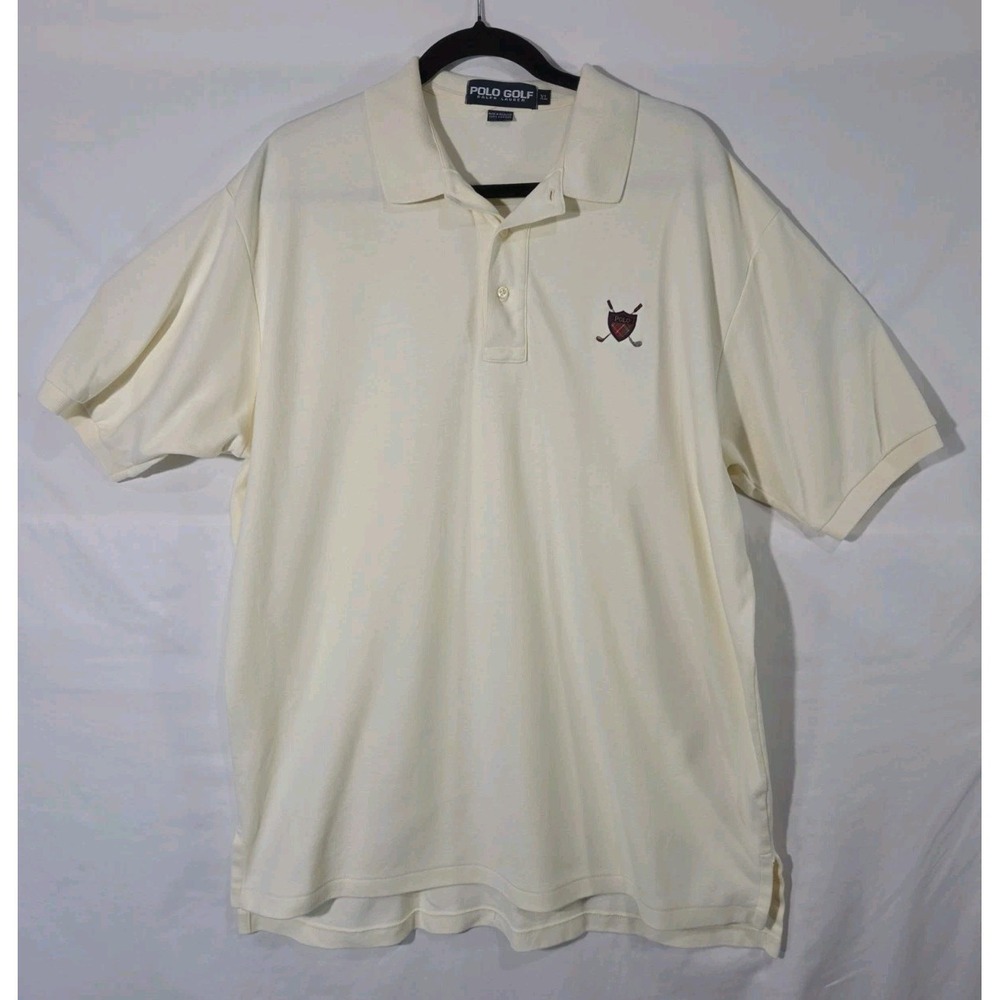 VTG Polo Golf Ralph Lauren Polo Shirt XL Cream Embroided Chest Logo Crest Shield